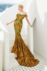 Evening Dress Shop, Mermaid Sequined Sheath Off Shoulde Prom Dresses with Fitted Bodice