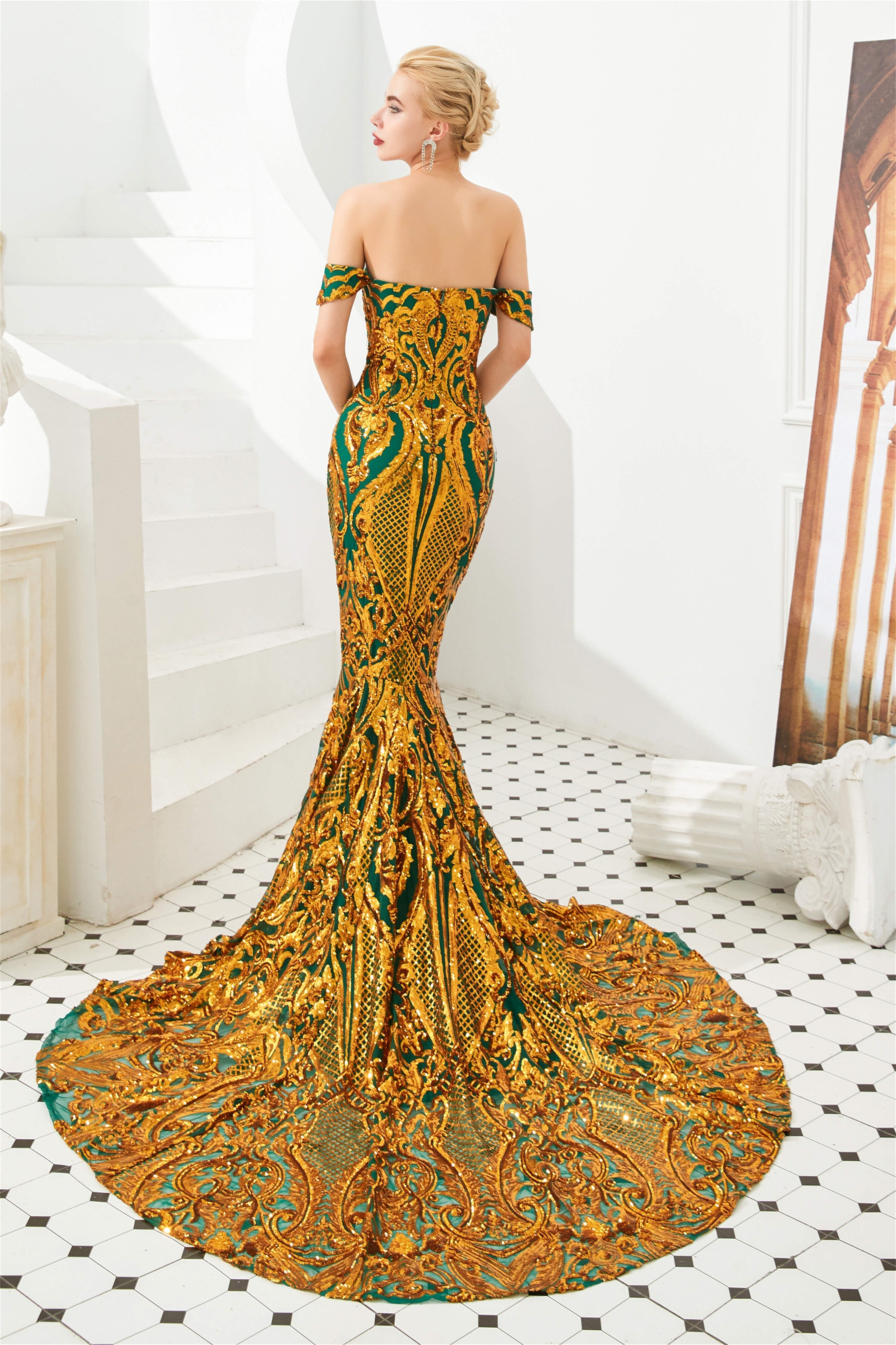 Evening Dress Ideas, Mermaid Sequined Sheath Off Shoulde Prom Dresses with Fitted Bodice