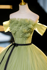 Party Dresses Jumpsuits, Green Off-Shoulder Tulle Long Formal Dress, A-Line Evening Dress