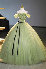Party Dresses And Jumpsuits, Green Off-Shoulder Tulle Long Formal Dress, A-Line Evening Dress