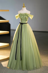 Party Dresses For 13 Year Olds, Green Off-Shoulder Tulle Long Formal Dress, A-Line Evening Dress