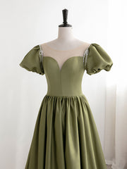 Party Dress For Teens, Green Puff Sleeves Satin Long Prom Dress, Green Long Formal Dresses