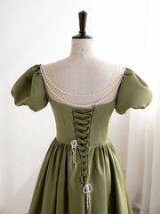 Party Dresses For Teen, Green Puff Sleeves Satin Long Prom Dress, Green Long Formal Dresses