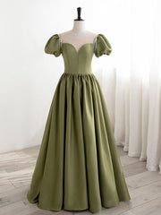 Party Dress For Teen, Green Puff Sleeves Satin Long Prom Dress, Green Long Formal Dresses