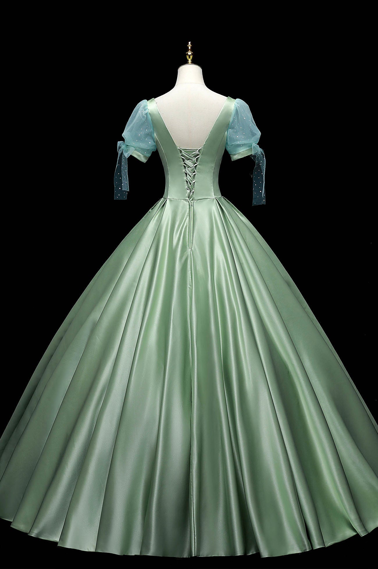 Prom Dress Ball Gown, Green Satin Long A-Line Ball Gown, Short Sleeve Green Formal Evening Dress