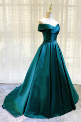 Bridesmaid Dresses By Color, Green Satin Long A-Line Prom Dress, Simple Off the Shoulder Evening Dress