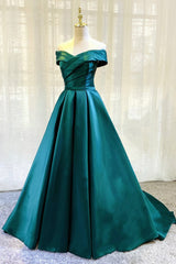Bridesmaid Dresses Short, Green Satin Long A-Line Prom Dress, Simple Off the Shoulder Evening Dress