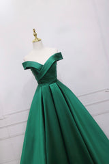 Homecoming Dress, Green Satin Long A-Line Prom Dress, V-Neck Off the Shoulder Evening Dress
