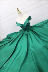 Satin Dress, Green Satin Long A-Line Prom Dress, V-Neck Off the Shoulder Evening Dress