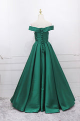 Wedding Guest Outfit, Green Satin Long A-Line Prom Dress, V-Neck Off the Shoulder Evening Dress