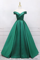 Purple Prom Dress, Green Satin Long A-Line Prom Dress, V-Neck Off the Shoulder Evening Dress