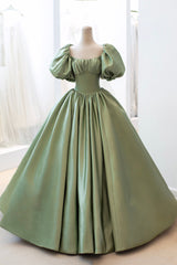Prom Pictures, Green Satin Puff Sleeves Long Prom Dress, Green A-Line Formal Dress