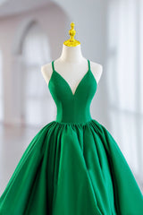 Evening Dress Gown, Green Satin Short A-Line Prom Dress, Green V-Neck Party Dress