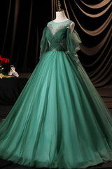 Bridesmaid Dresses Purples, Green Scoop Neckline Tulle Formal Evening Dress, A-Line Long Sleeve Prom Dress