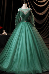 Boho Wedding Dress, Green Scoop Neckline Tulle Formal Evening Dress, A-Line Long Sleeve Prom Dress