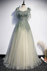 Party Dress Aesthetic, Green Shiny Tulle Long Formal Evening Dress, A-Line Graduation Dress