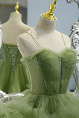 Long Dress Outfit, Green Spaghetti Straps Tulle Layers Long Formal Dress, Green Evening Party Dress