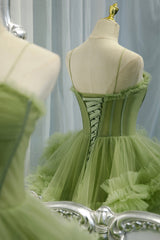 Long Formal Dress, Green Spaghetti Straps Tulle Layers Long Formal Dress, Green Evening Party Dress