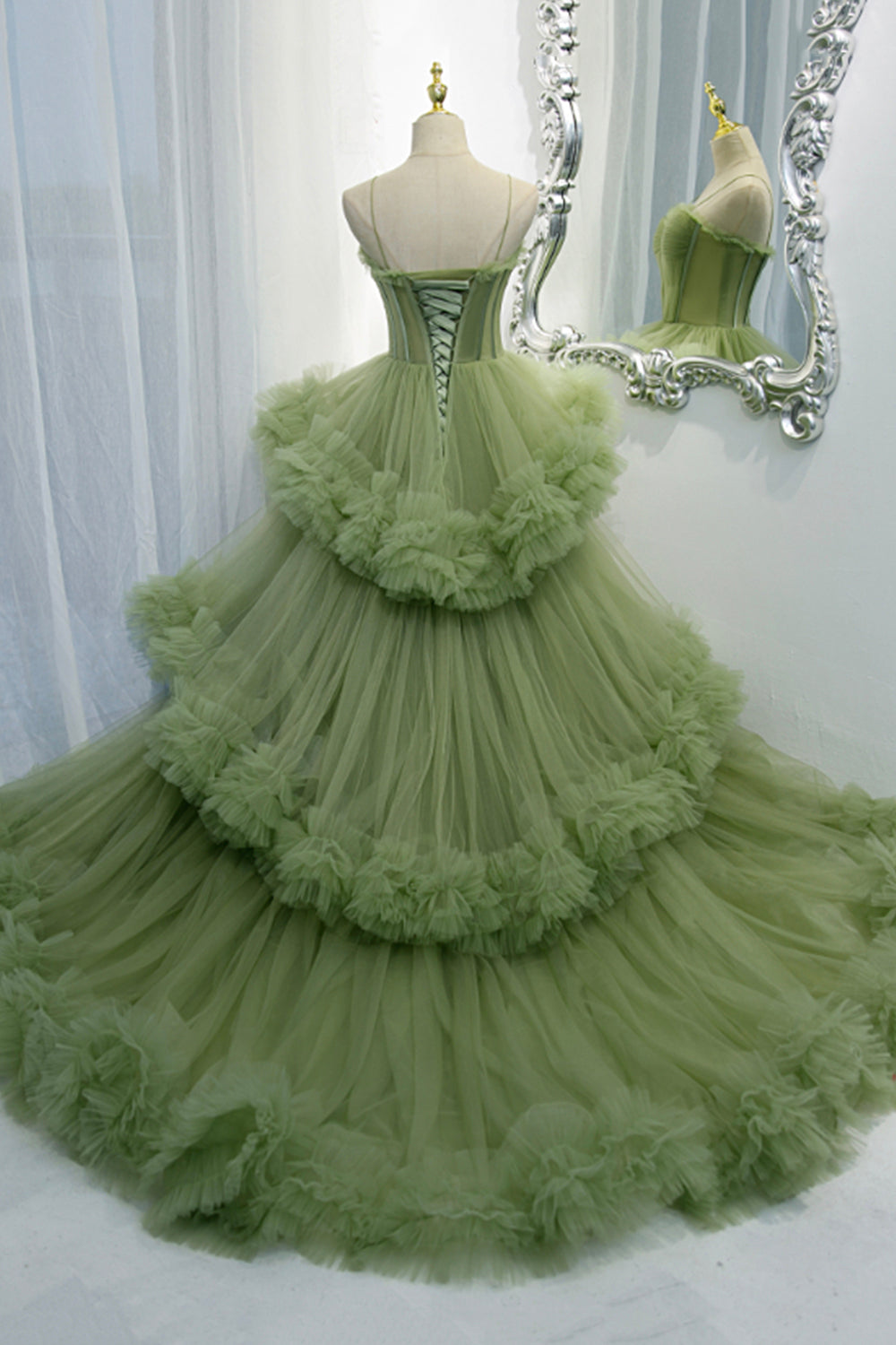 Prom Dress Sleeve, Green Spaghetti Straps Tulle Layers Long Formal Dress, Green Evening Party Dress