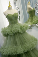 Elegant Dress For Women, Green Spaghetti Straps Tulle Layers Long Formal Dress, Green Evening Party Dress