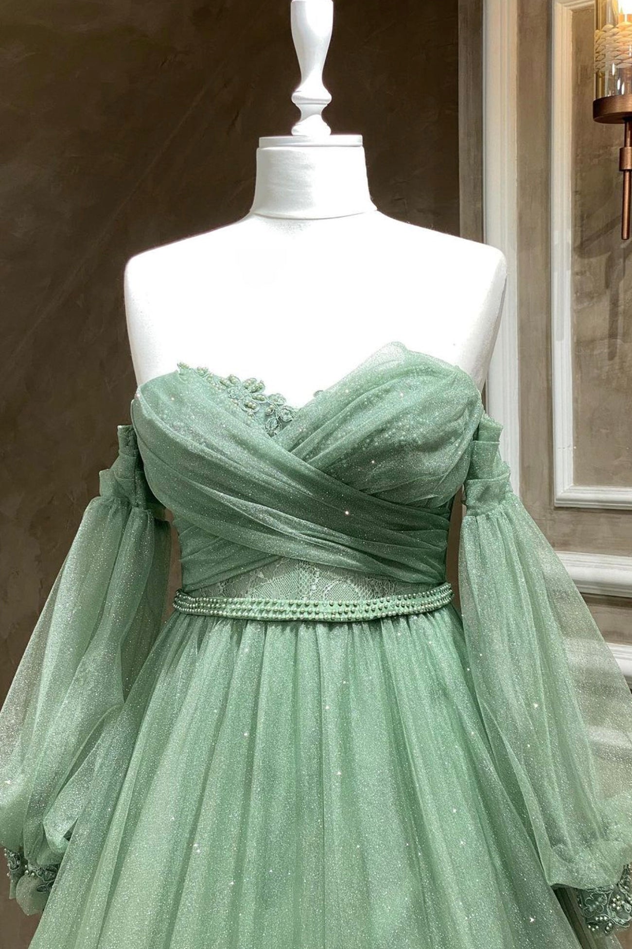 Homecoming Dresses Beautiful, Green Strapless Tulle Long Sleeve Prom Dress, Green A-Line Evening Party Dress