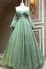 Homecoming Dress Beautiful, Green Strapless Tulle Long Sleeve Prom Dress, Green A-Line Evening Party Dress
