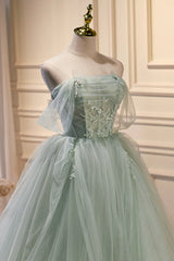 Satin Prom Dress, Green Sweetheart Beaded Tulle Long Prom Dress, Green Evening Dress