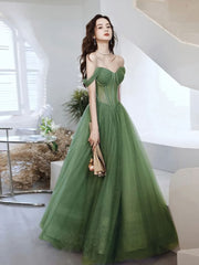 Prom Dress 2024, Green Sweetheart Neck Tulle Long Prom Dress, Green Evening Dress