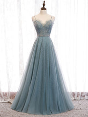 Prom Dresses For Black, Green Sweetheart Neck Tulle Sequin Long Prom Dress Green Evening Dress