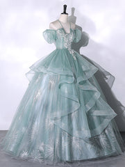 Nice Dress, Green Tulle Lace Long Prom Dresses, Green Lace Long Sweet 16 Dress