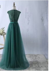 Homecoming Dresses Business Casual Outfits, Green tulle lace top round neck long evening dresses ,simple formal dress