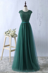 Sundress, Green tulle lace top round neck long evening dresses ,simple formal dress