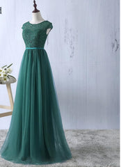 Homecoming Dresses, Green tulle lace top round neck long evening dresses ,simple formal dress