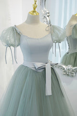 Party Dress Dress Code, Green Tulle Long A-Line Prom Dress, Cute Short Sleeve Graduation Dress