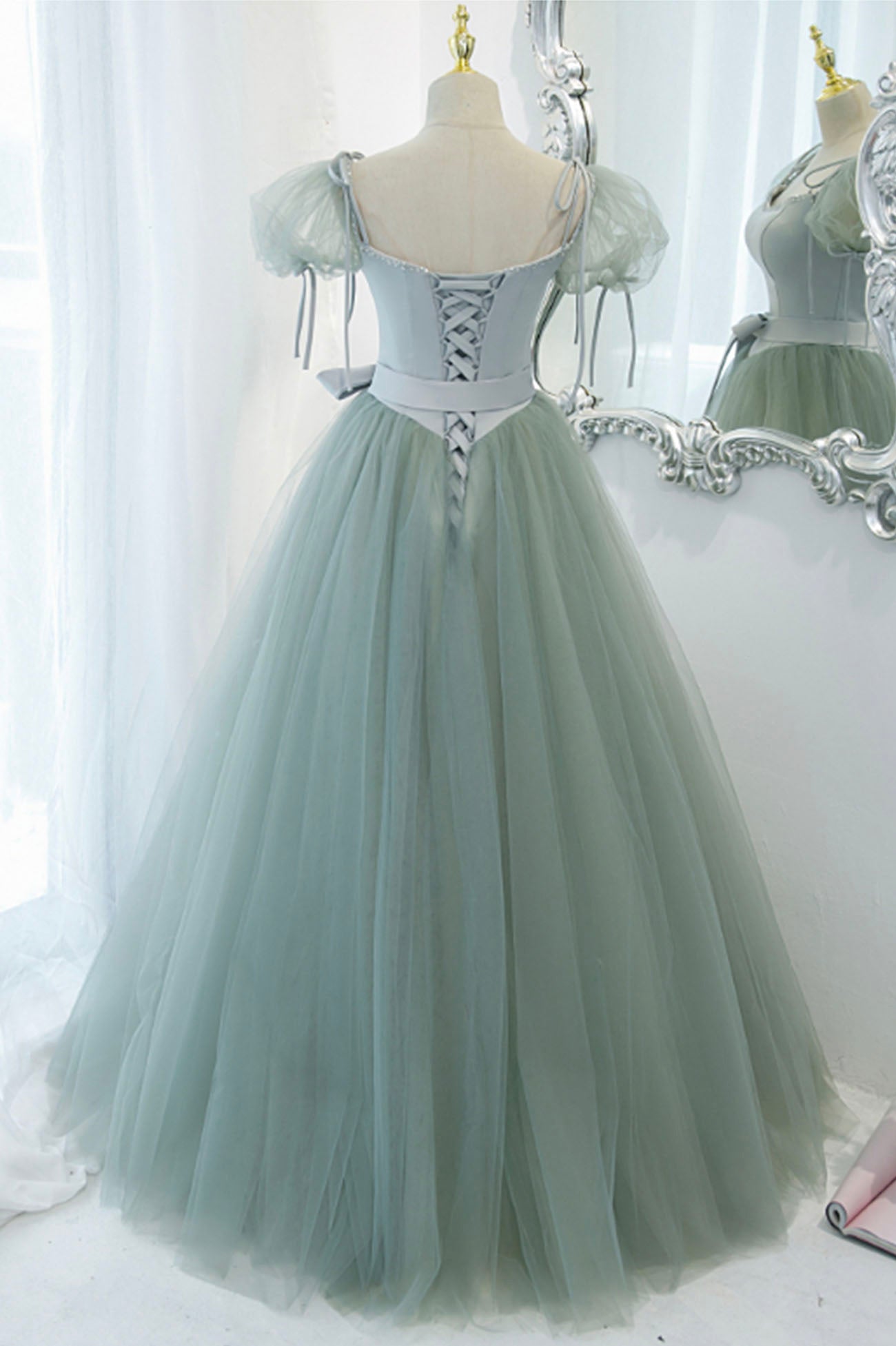 Party Dresses Long, Green Tulle Long A-Line Prom Dress, Cute Short Sleeve Graduation Dress