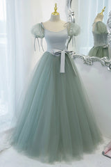 Party Dress Brands, Green Tulle Long A-Line Prom Dress, Cute Short Sleeve Graduation Dress