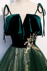 Bridesmaids Dress Styles, Green Tulle Long A-Line Prom Dress, Green Spaghetti Straps Graduation Dress