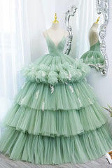 Prom Dresses For Curvy Figures, Green Tulle Long A-Line Prom Dress, Green V-Neck Formal Evening Gown