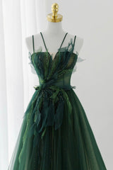 Prom Dress Corset, Green Tulle Long A-Line Prom Dress, Spaghetti Straps Evening Dress