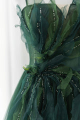 Prom Dresses Boho, Green Tulle Long A-Line Prom Dress, Spaghetti Straps Evening Dress