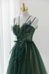 Prom Dresses For Black, Green Tulle Long A-Line Prom Dress, Spaghetti Straps Evening Dress