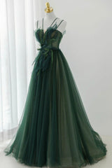 Prom Dresses For Blondes, Green Tulle Long A-Line Prom Dress, Spaghetti Straps Evening Dress