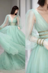 Bridesmaids Dress Designs, Green Tulle Long Prom Dress with Sequins, Green Long Sleeve Evening Party Dress