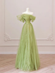 Modest Prom Dress, Green Tulle Off Shoulder Long Prom Dresses, Green Tulle Formal Evening Dress