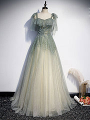 Bridesmaid Dresses Blues, Green tulle sequin beads long prom dress, green tulle formal dress