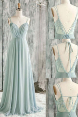Homecoming Dresses Styles, Green V Neck Chiffon Prom Dresses with Lace Back, Green V Neck Long Formal Evening Dresses