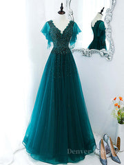 Homecomming Dresses Blue, Green v neck tulle beads long prom dress, green tulle formal dress