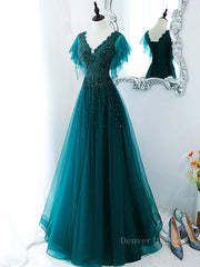 Homecomeing Dresses Blue, Green v neck tulle beads long prom dress, green tulle formal dress