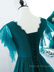 Homecoming Dress Blue, Green v neck tulle beads long prom dress, green tulle formal dress