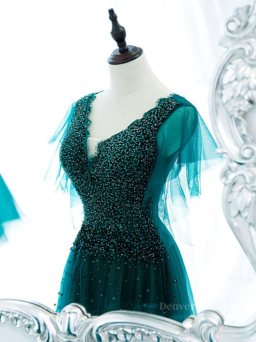 Homecoming Dresses Blues, Green v neck tulle beads long prom dress, green tulle formal dress